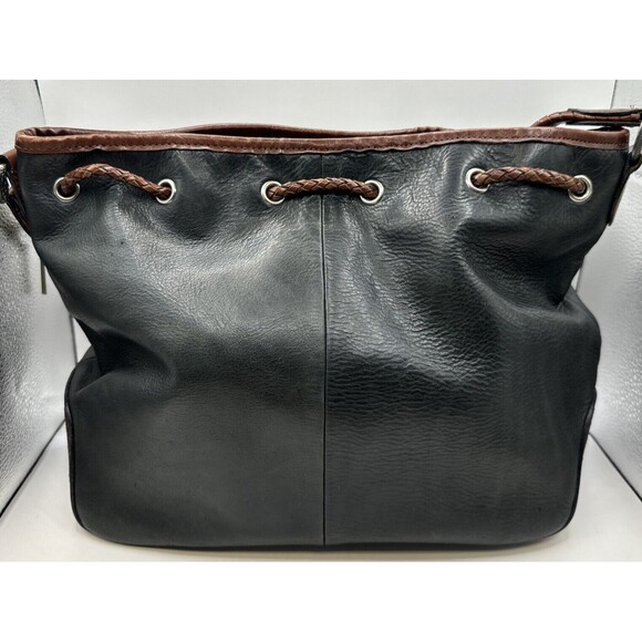 FOSSIL Vintage Black Pebbled Leather Bag Woven  Handles Shoulder Purse Key Charm - Picture 2 of 12